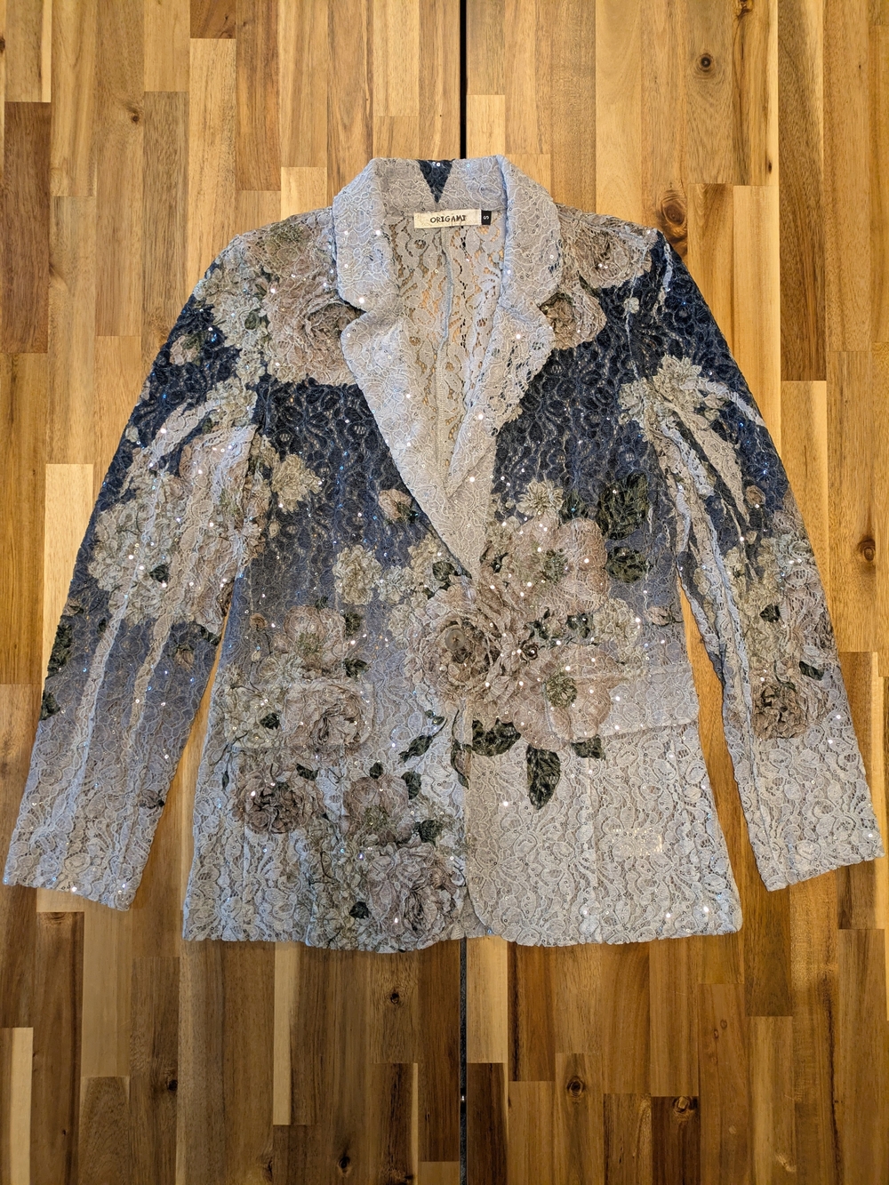 Origami Floral Lace Sequin Blazer Jacket in Silver, Blue & Taupe Sz S